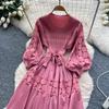 Retro Palace Style Dress for Women In Autumn and Winter A High-end Feel and Straps Waist Cinching Hollow Out Splicing Elegant Long Women Dress