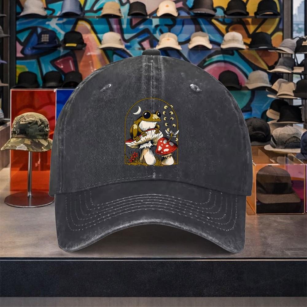 Frog Mushroom Graphic Baseball Cap Washed Cotton Vintage Adjustable Outdoor Casual Hat
