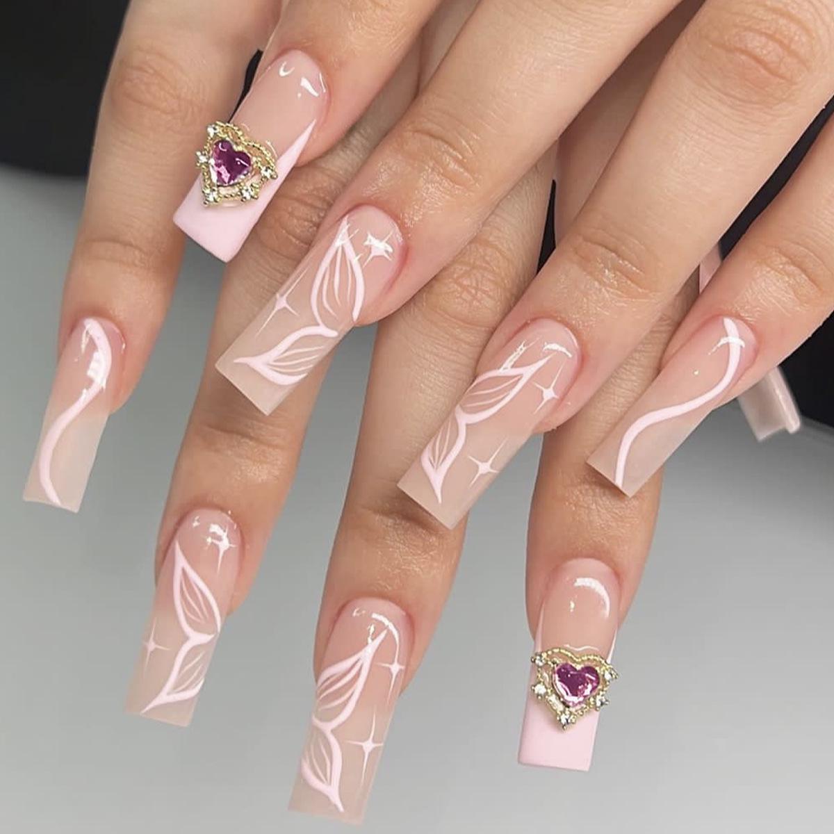 

Trendy Heart & Rectangular Rhinestone Nail Extensions: Long Wear-on False Nails