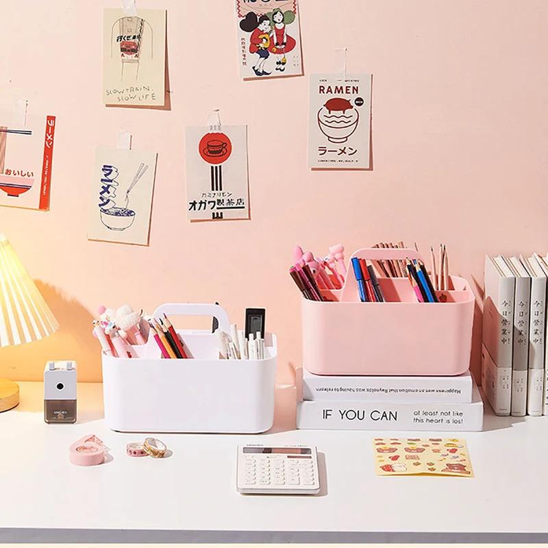 New Desktop Marker Holder Art Supply Storage Box Cosmetic Plastic Storage Basket With Handle  Pencil Pen Stationery Storage Case