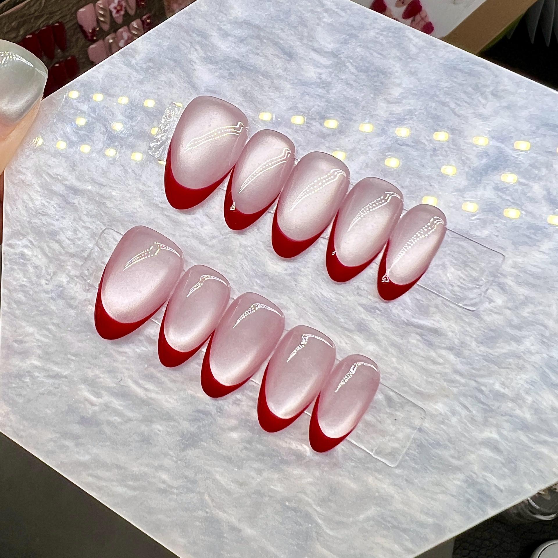 French Retro Cat Eye Red Wine Handmade Nail Art for New Year