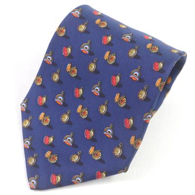 Tie Pocket Watch All-over Pattern Wide Tie Navy Silk Mens Used