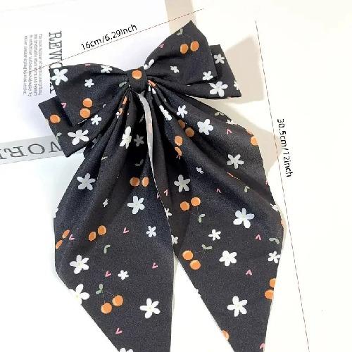 Double Layer Bow Spring Hair Clip Cherry Print Ponytail Hairpin Long Ribbon Fabric Hair Clip Girls Sweet Elegant Accessories New