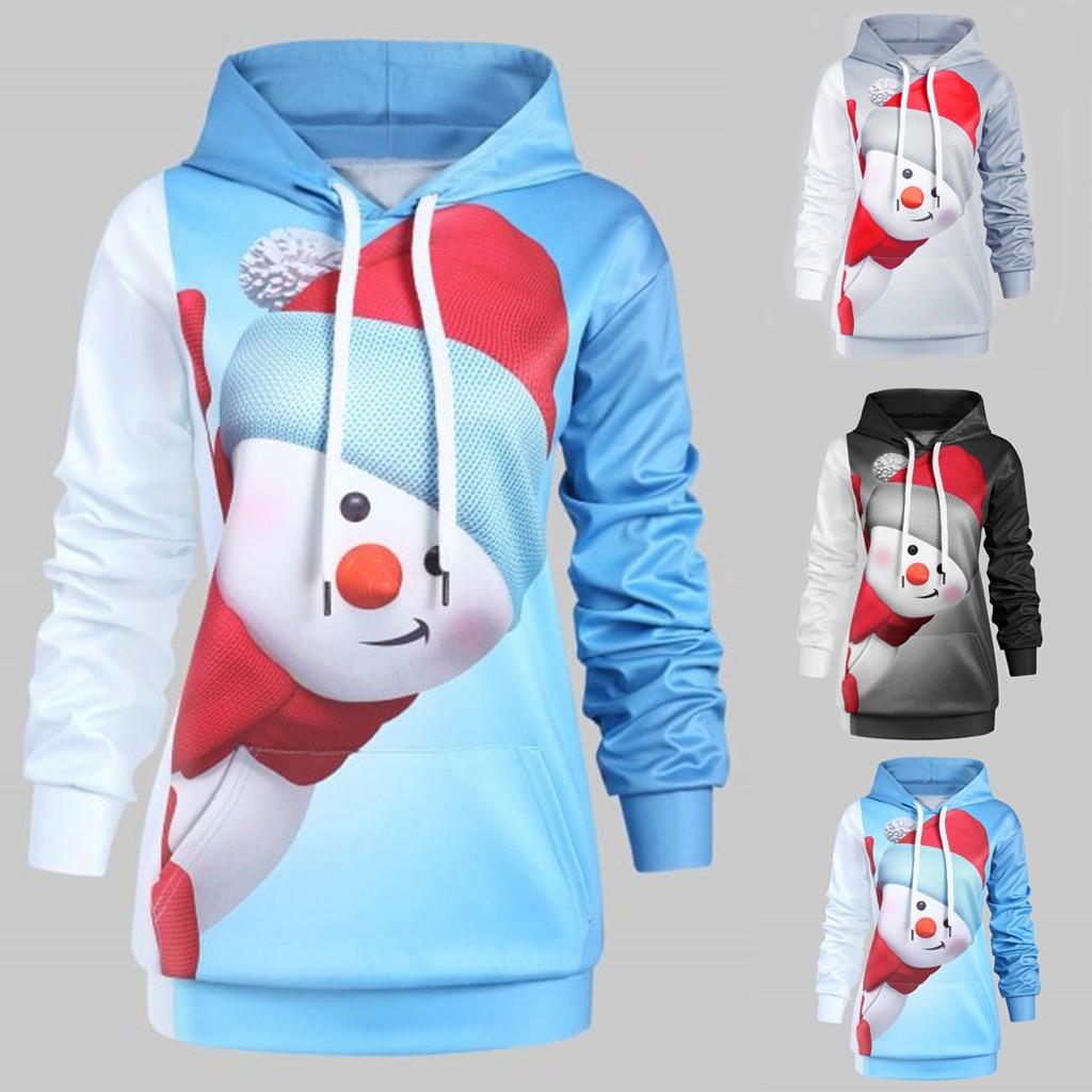 

Women Hoodie Christmas Big Pocket Cartoon Snowman Print Sweatshirt Pullover Top