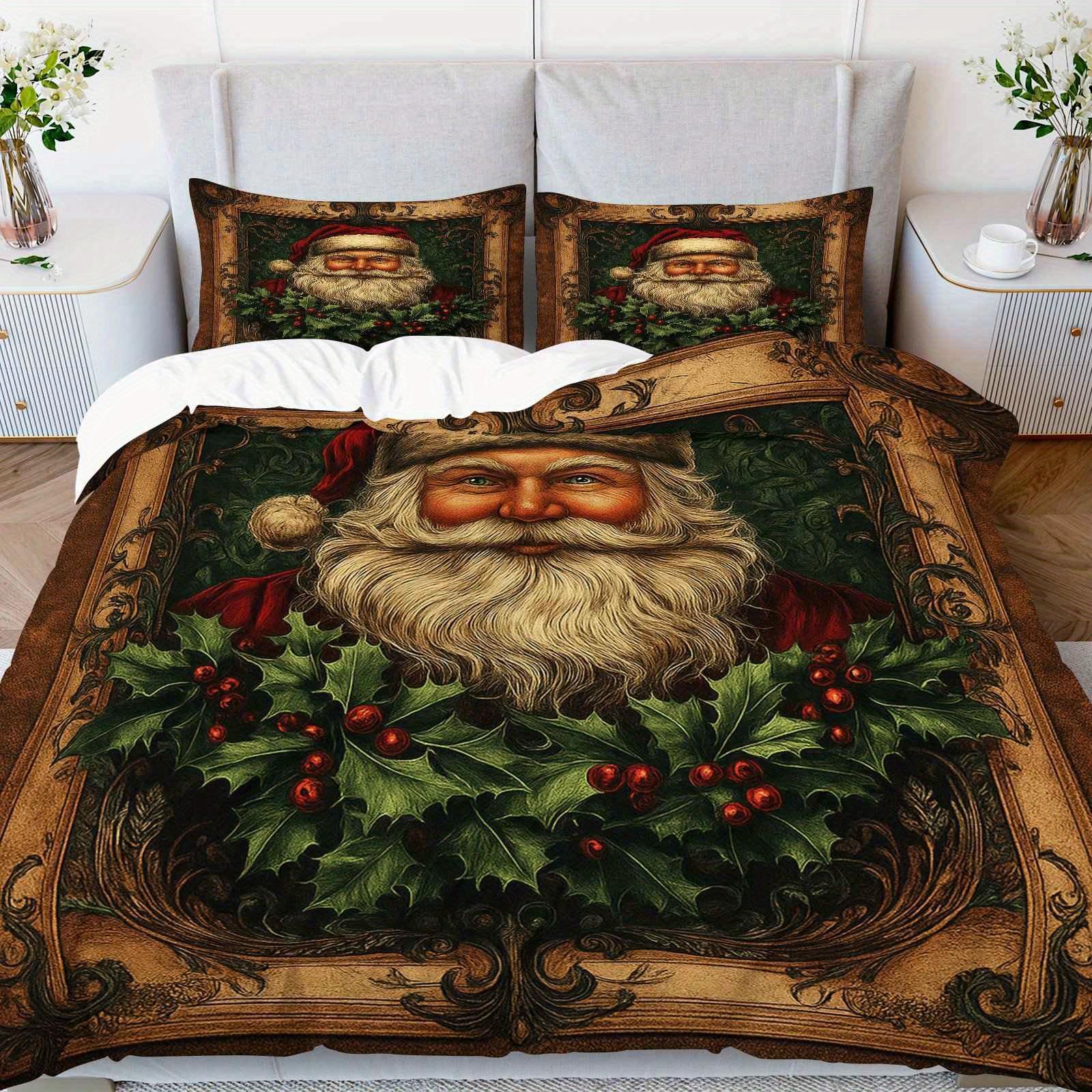 

3pcs Vintage Santa Claus Holly Wreath Duvet Cover Set - Festive Christmas Bedding with Zipper Closure Machine Washable Polyester EU Twin(135x200cm)