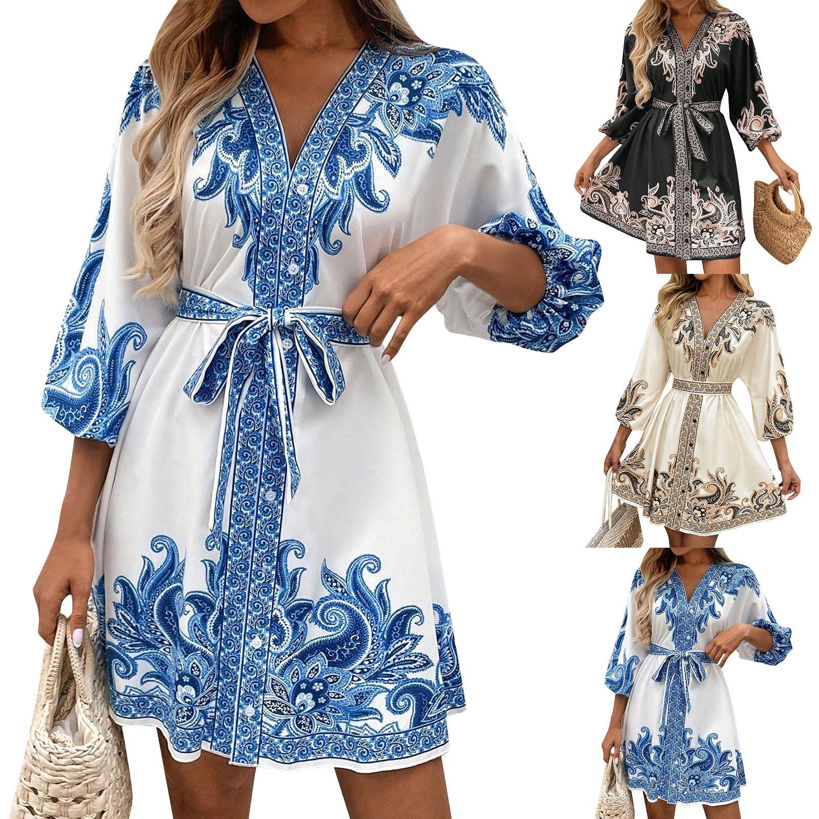 

Women s Fashion Printed V-Neck Seven Sleeve Tie Waist Dresses XL бежевий