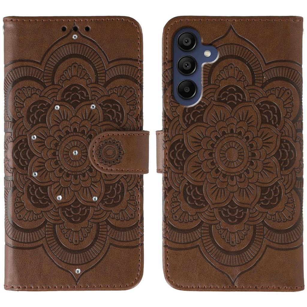 For Samsung Galaxy A35 5G Case Rhinestone Decor PU Leather Mandala Imprinted Design Phone Cover with Wrist Strap
