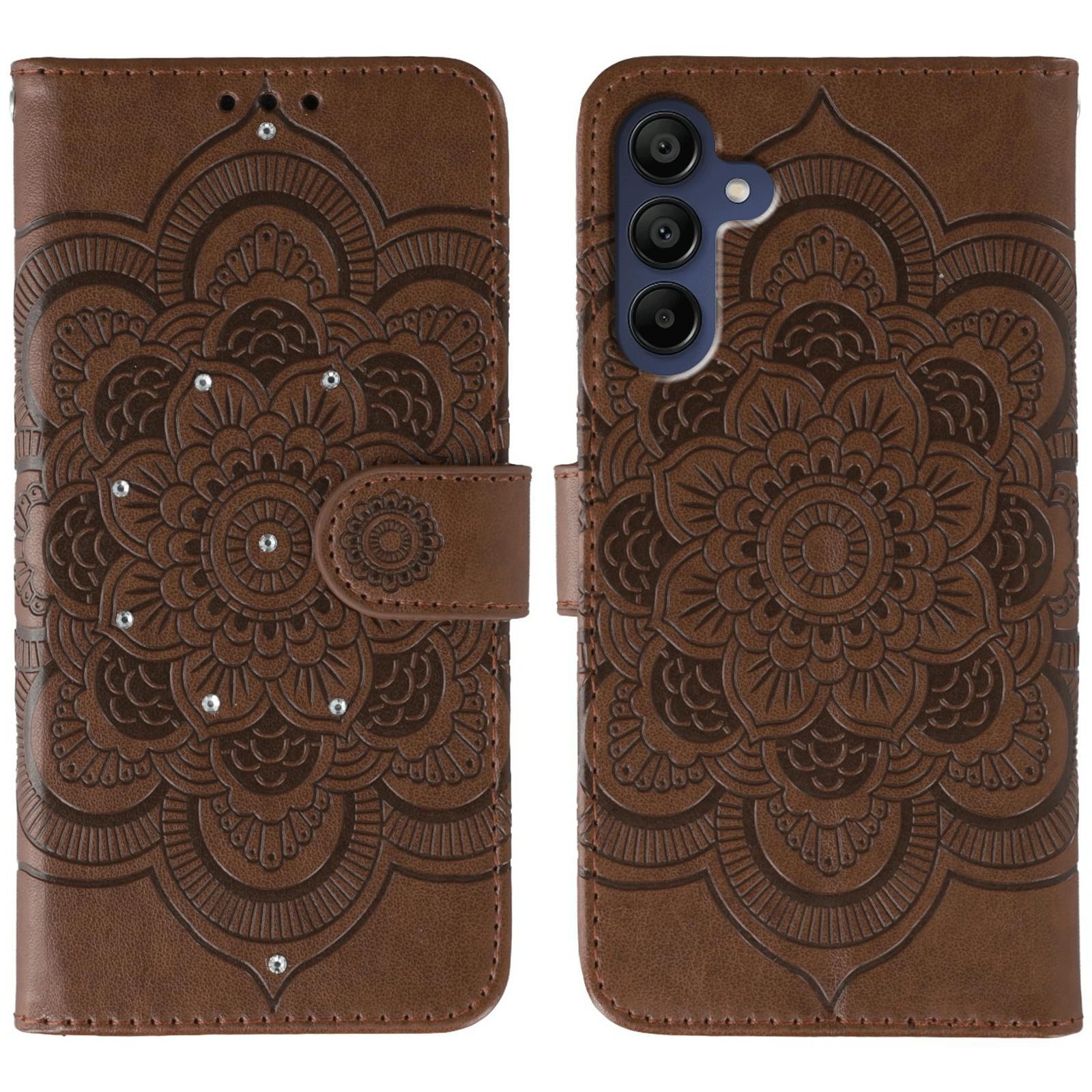 

For Samsung Galaxy A56 5G Case Rhinestone Decor PU Leather Mandala Imprinted Design Phone Cover with Wrist Strap Brown