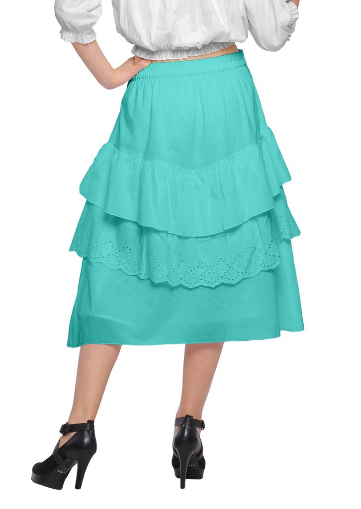 Moomaya Solid Cotton Skirts For Women Knee Length With Lace Belt Ruffle