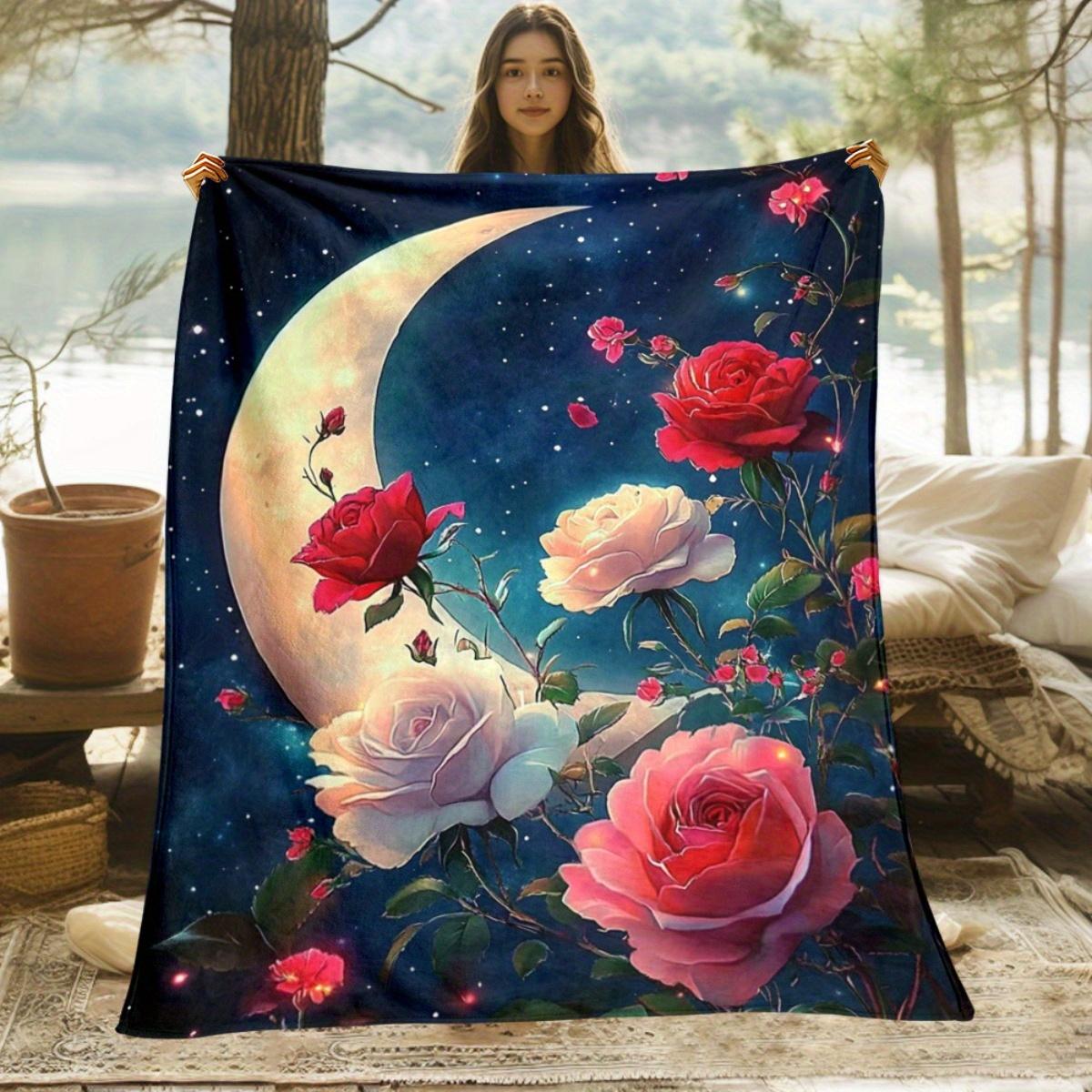 1pc Moon rose night sky romantic blanket celestial floral fleece blanket dreamy bedroom decor soft throw blanket for women 75x100cm