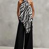 European and American Style Zebra Pattern Halter and Ribbon Top Black Draped Wide-leg Pants Two-piece Set, Vacation and Commuter Women's Wear