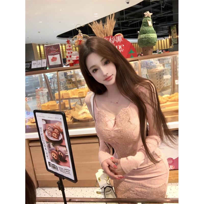 Winter Socialite Style Knit Long-Sleeve Bodycon Dress for Women Large