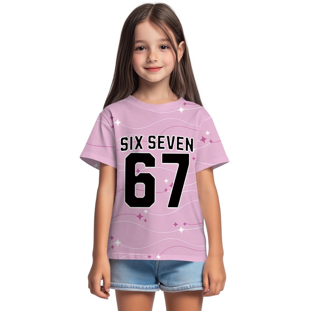 New Fashion Girls Clothing Cute Pink Stripe Star Number "67" 3D Digital Print Specially Designed Short Sleeve Kids Clothes Girls