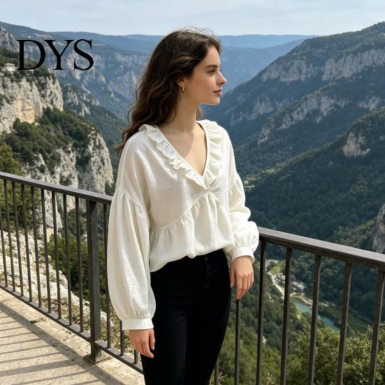 Lockere Bluse Damen Rüschen V-Ausschnitt Bluse, Laternenärmel Festliches Lässiges Oberteil, Profil Falten Einfarbige Hemdbluse für Herbst Dame