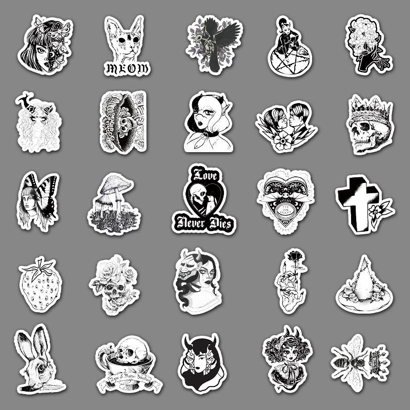50 Black & White Gothic Punk Style Graffiti Stickers for DIY Suitcases, Notebooks, and Skateboards.