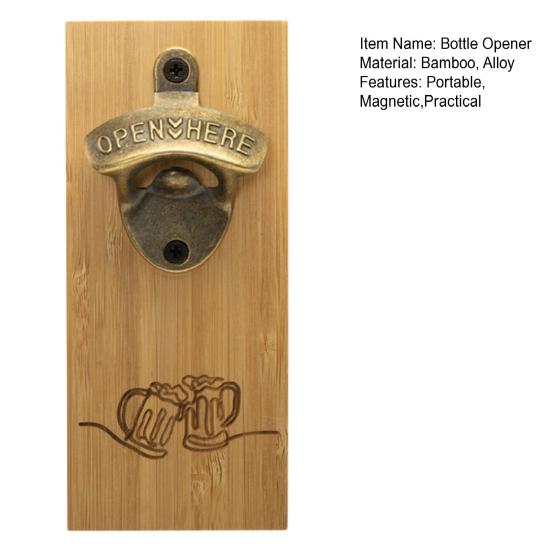 Bamboo Magnetic Bottle Opener, Wall Mount Beer Cap Catcher with Strong Magnet, Rustic Wood Fridge Opener for Home Bar