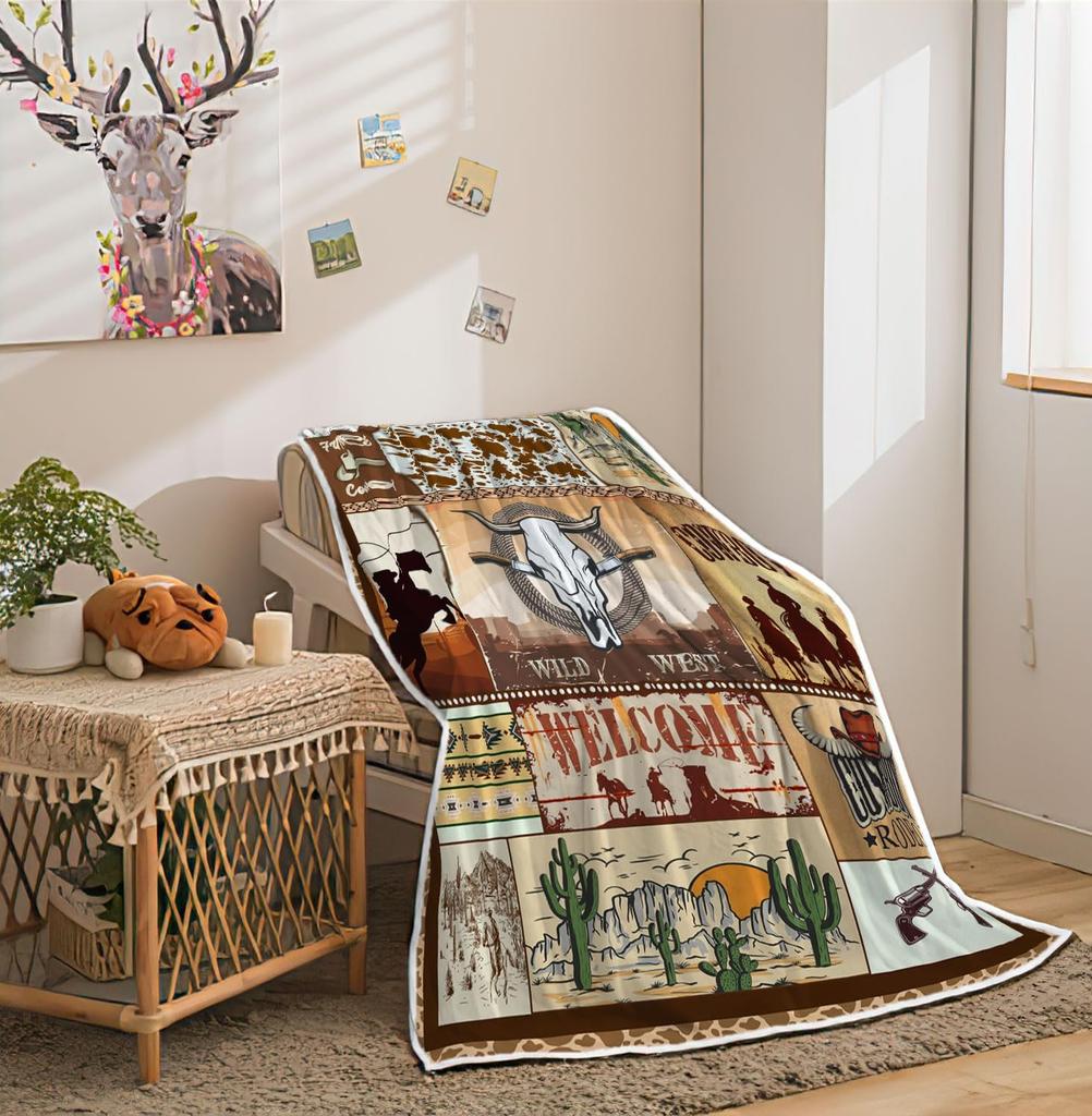 Coperta da divano Western Retrò Rustica con Cappello da Cowboy e Stivali, West Americano Cavalcando Cavalli Morbida Coperta in Flanella Per Bambini Ragazzi Bambine Adulti