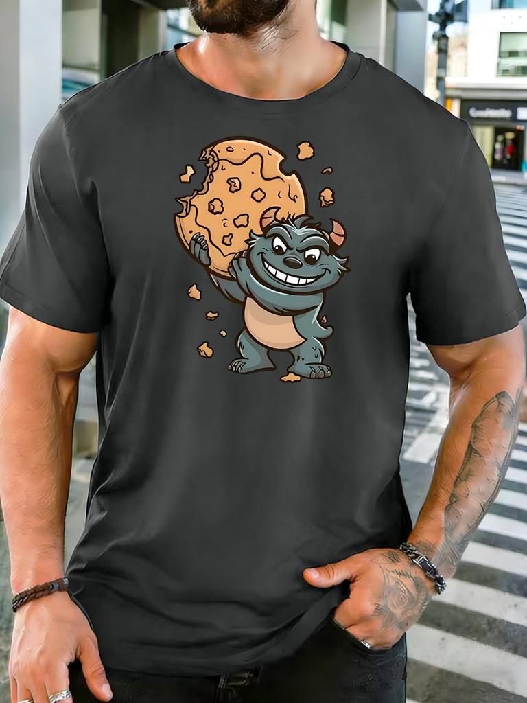 Olive Unisexs Tee Monster Holding Cookie Print Crew Neck Cotton Short Sleeve Funny Male Street Summer Soft Daily Casual Wear