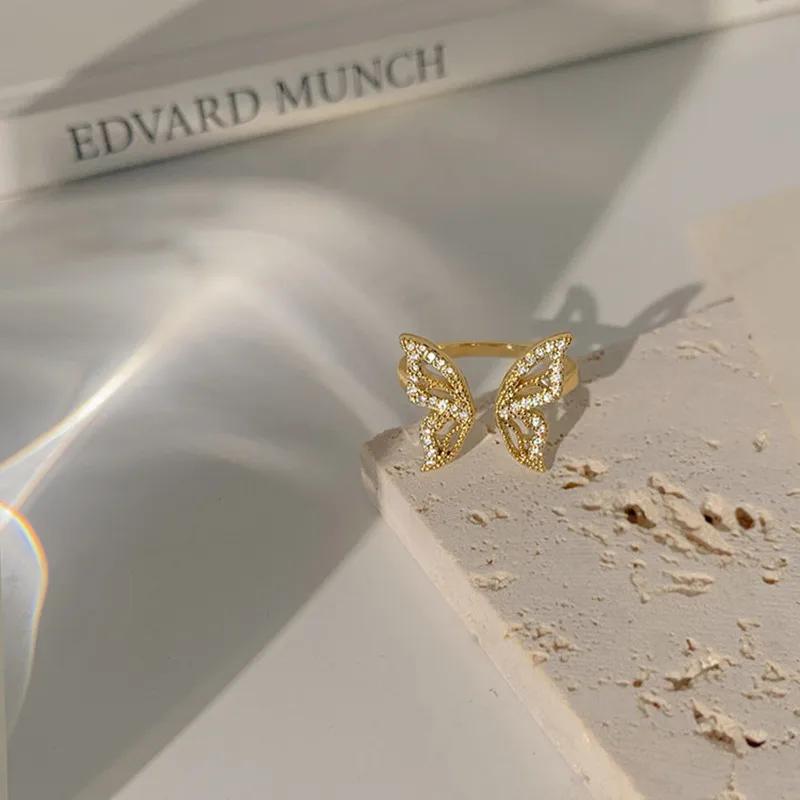Individuality Zircon Golden Butterfly Open Ring Women's Classic Beautiful Fashion Daily Accessory Party Jewelry Birthday Gifts