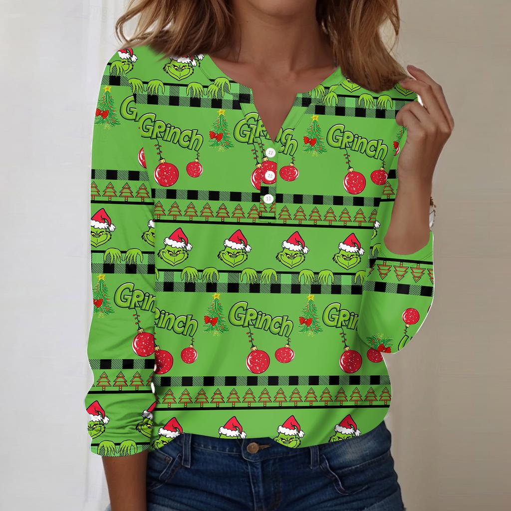 Women's Fashion Casual V-Neck Long Sleeve Decorative Button Christmas Print Top