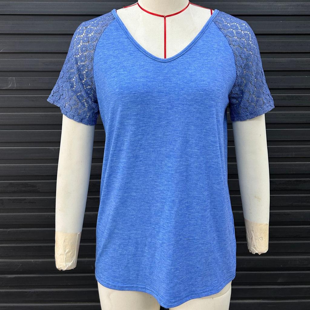 Spring Summer Women's Spliced Mesh Short Sleeved Top Solid Color Casual Loose T-shirt