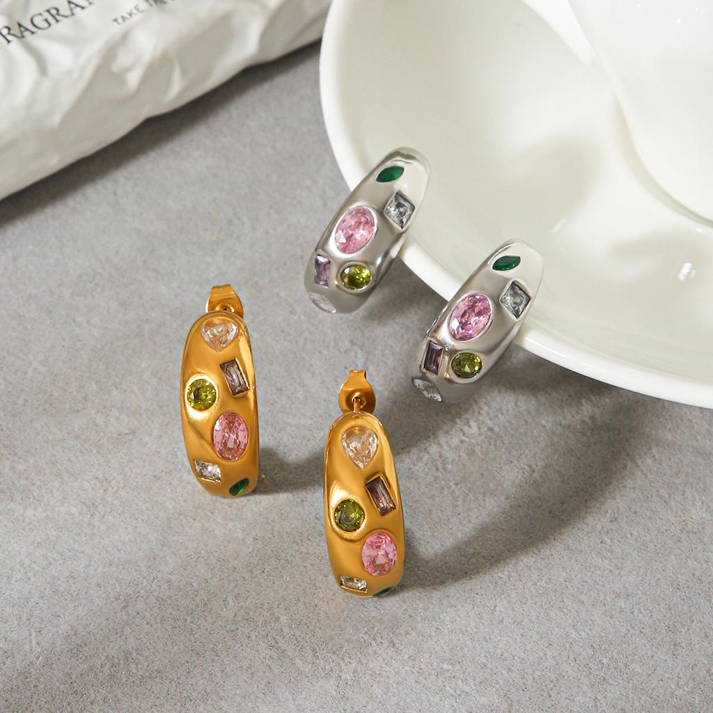 Inlaid Colorful Zircon Vintage Hoop Earrings Fashionable Versatile C-shaped Ear Jewelry Stainless Steel Accessories