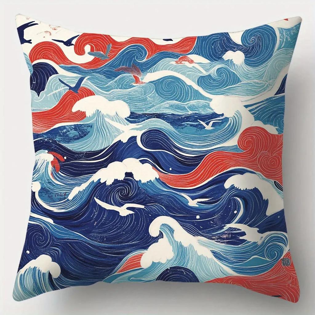 Traditional Japanese Wave & Sun Pillowcase: Ukiyo-E Style Cushion Cover For Sofa Living Room Home Decor
