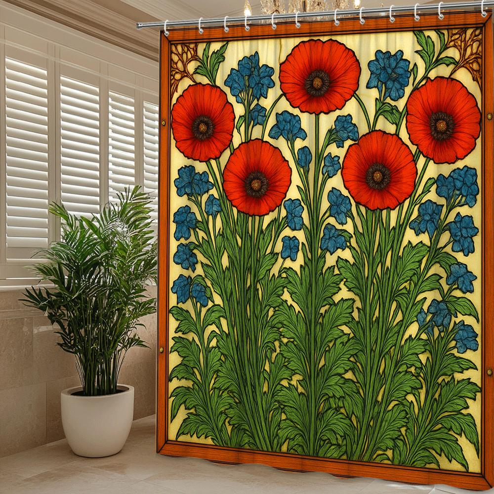 Art Nouveau Floral Shower Curtain Red Poppies And Blue Flowers Vintage Botanical Design Elegant Bathroom Decor Waterproof