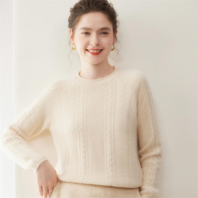 Women's Cashmere Raglan Cable Knit Sweater - 7-Gauge Double-Strand, Round Neck, Rolled Edge, Extra-Thick, Long-Sleeve Pullover.