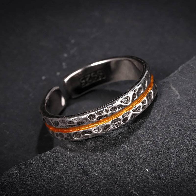 Vintage Hammered Texture Samsara Stone Couple Ring Set Adjustable Open Band Sterling Unisex