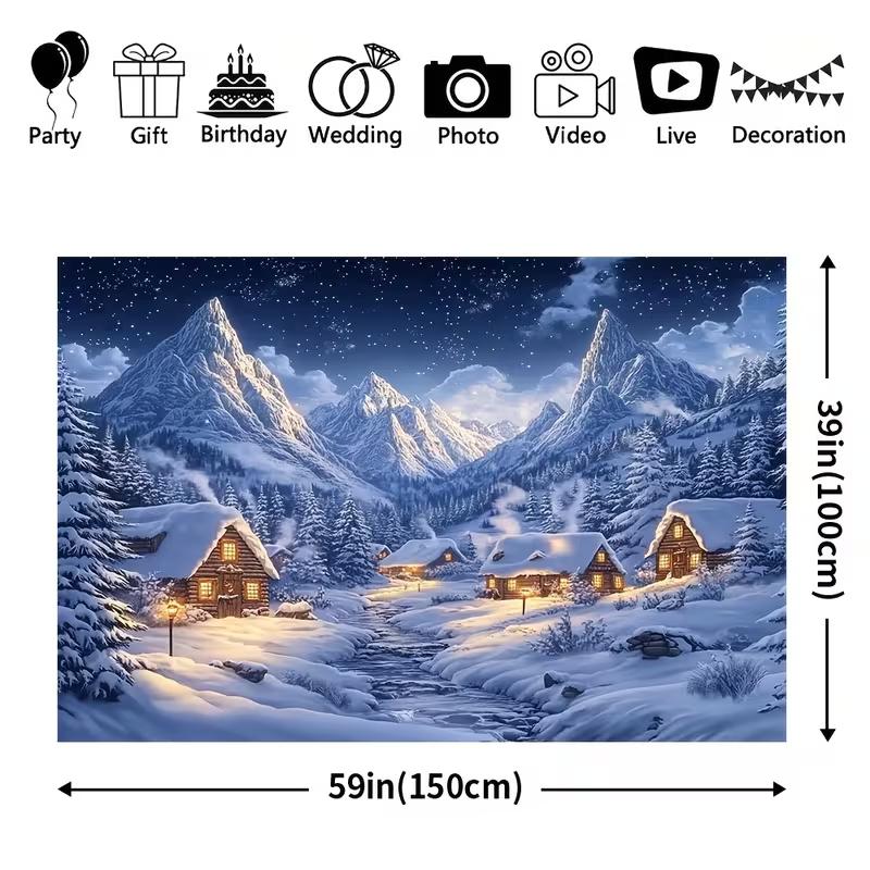 Festive Winter Night Backdrop with Lit Houses and Starry Sky for Wedding or Birthday