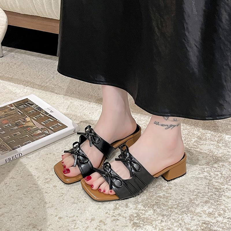 Square Head Bow with Skirt Thick Heel Cool Slippers Women's New Summer Wear Fashion One-word Drag