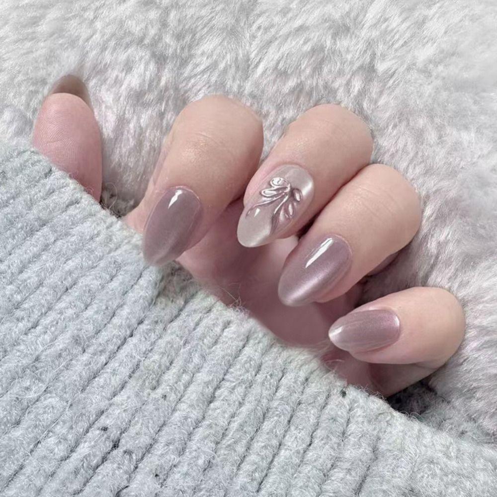 Long Almond Fake Nails Flowers Nail Tips Manicure Press On Nails Women