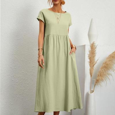 Summer Casual Loose Dress Women Short Sleeve O Neck A Line Woman Dress With Pocket Office Lady Cotton Linen Dresses 24647