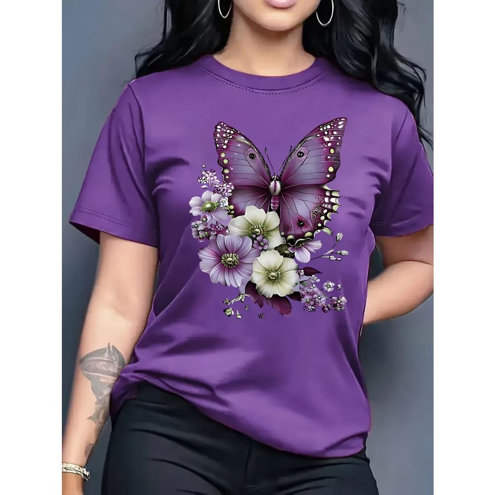 Damen Glitzerndes Strass Schmetterling T-Shirt Blau Grün Glitzer Druck Lässig Rundhals Kurzarm
