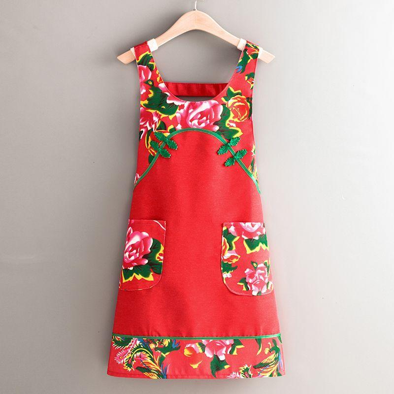 Celebratory Large Patterned Cloth Apron - Kitchen Household Apron red [strap style 1 pack]