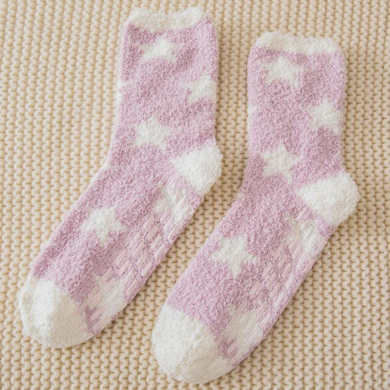 Non-shedding Coral Fleece Socks, Women's Glue Anti-slip Floor Socks, Star Half-fleece Winter Mid-calf Sleeping Socks