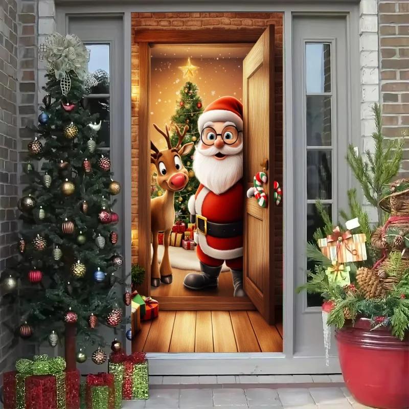 Christmas Door Cover Decoration Santa Claus Elk Open Door Welcome Christmas Background Indoor Outdoor Porch Banner Party
