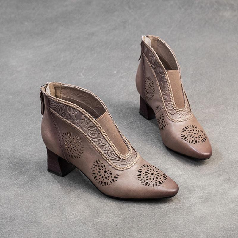 Johnature Sandals Genuine Leather Breathable Hollow-out Boots Retro Pointed High Heel Commuter Women's Shoes