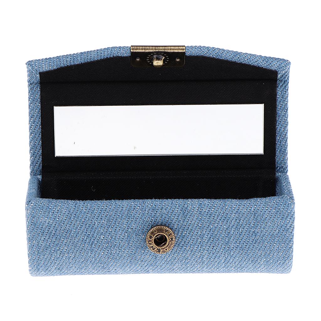 Denim Lip Gloss Holder Lipstick Storage Case Container with Mirror for Purse Light Blue uygun