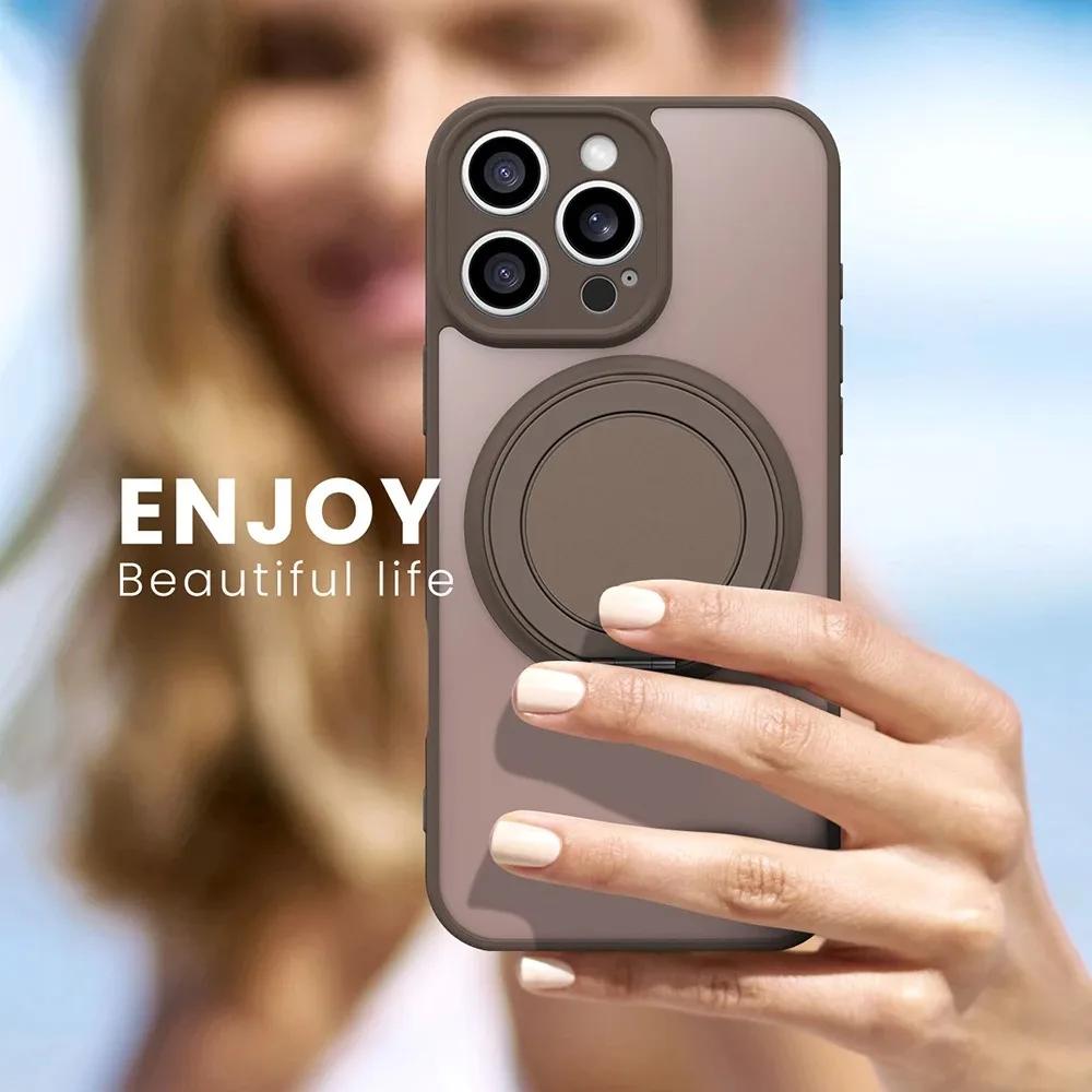 360° Rotating Bracket Matte Clear Magnetic Case for IPhone 17 16 15 13 14 Plus 12 11 Pro Max 17Air MagSafe Wireless Charge Cover