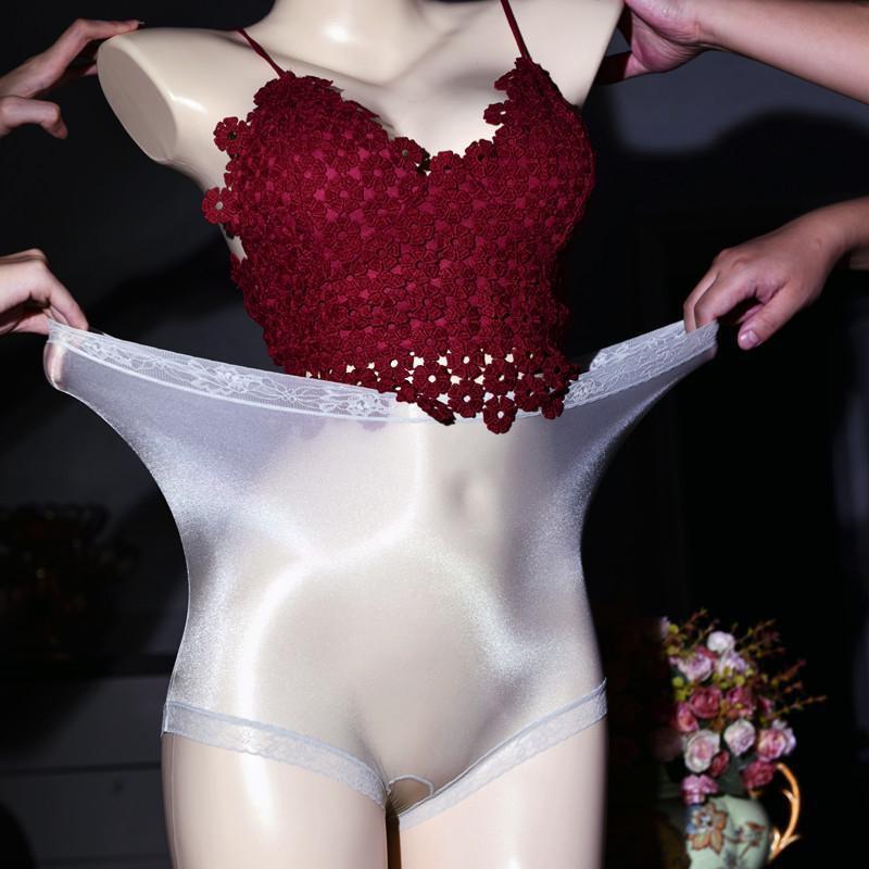 Woman Lace Silky Open/Closed Crotch Pants Underwear Breathable Transparent Quick-Drying Crotchless Glossy Panties