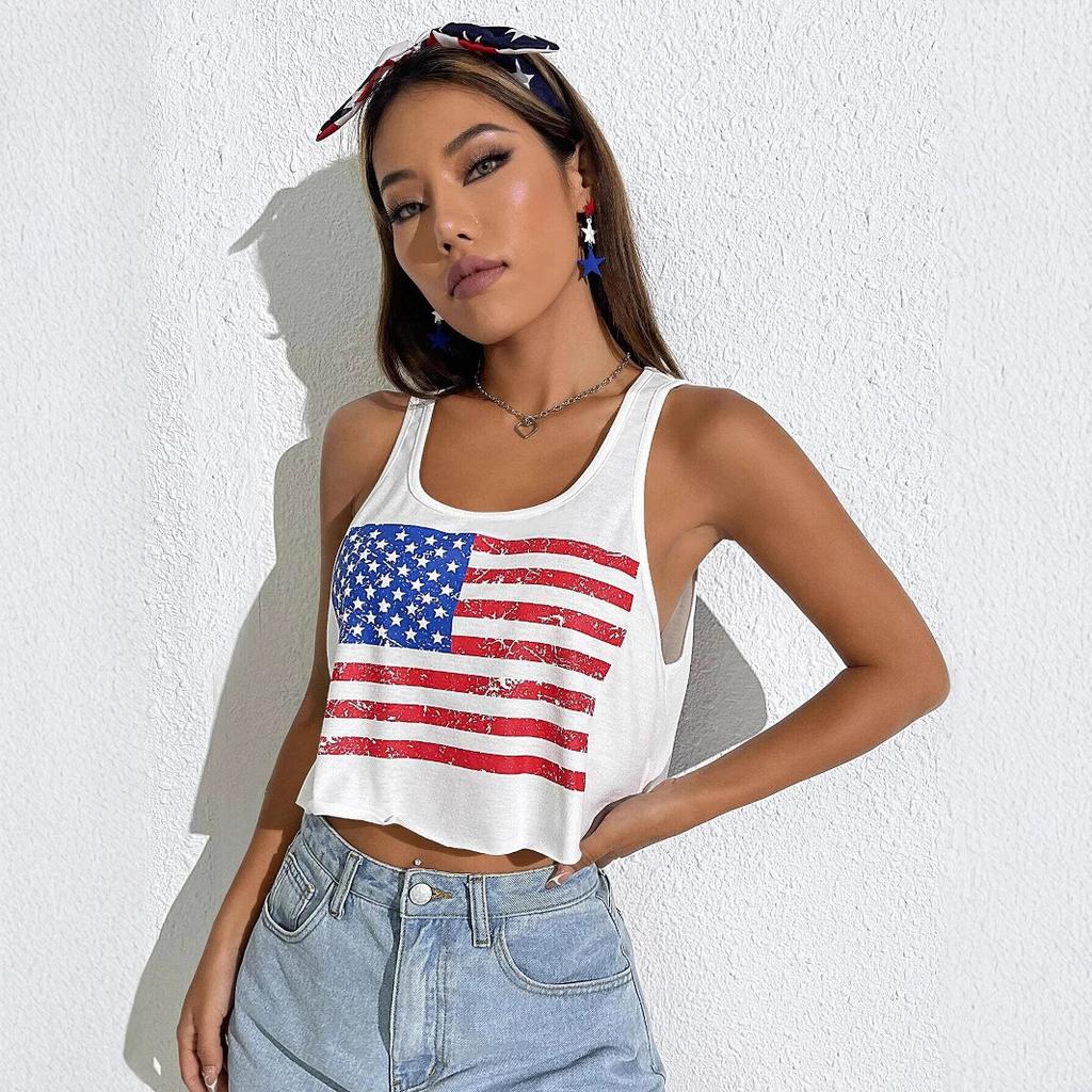 American Striped Star Flag USA Printed Crew Neck Short-sleeved T-shirt Women's Versatile Slim Waist Short Top