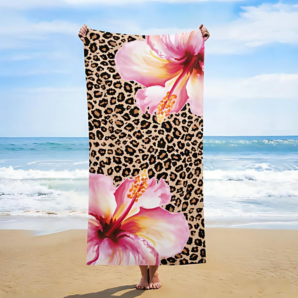 1pc Pink Leopard Floral Beach Towel, Quick-Dry Absorbent, Ideal for Outdoor Travel Pool Party Beach Vacation Bath