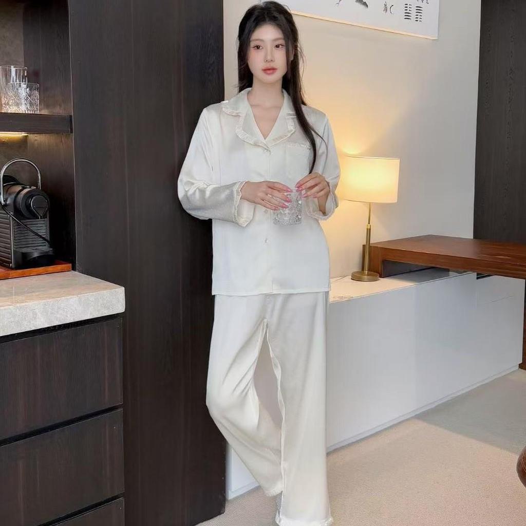 Women's Plus Size Ice Silk Pajama Set: Light Luxury Long Sleeve & Pants, Outdoor-Friendly.