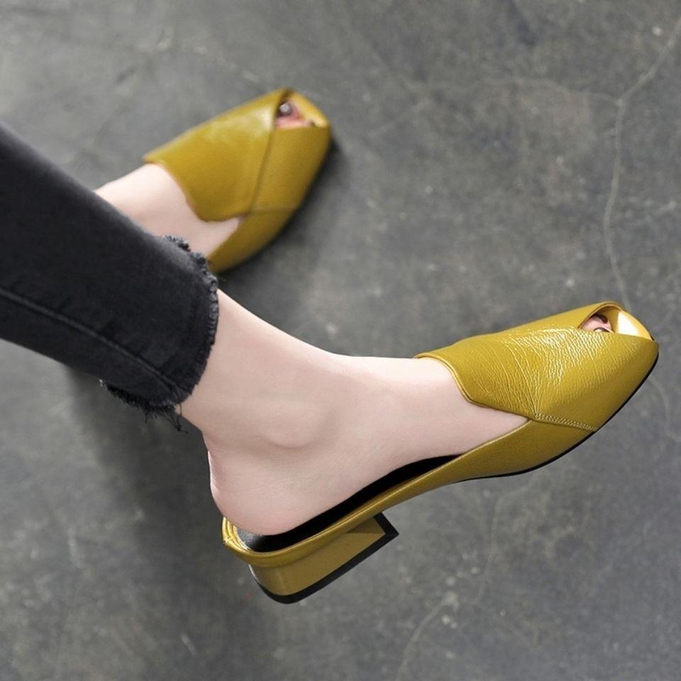 2025 Summer New 4cm Thick Heel Half Slippers Women Wear Fashion Flip Flop Leather Slippers Mueller Party Slippers