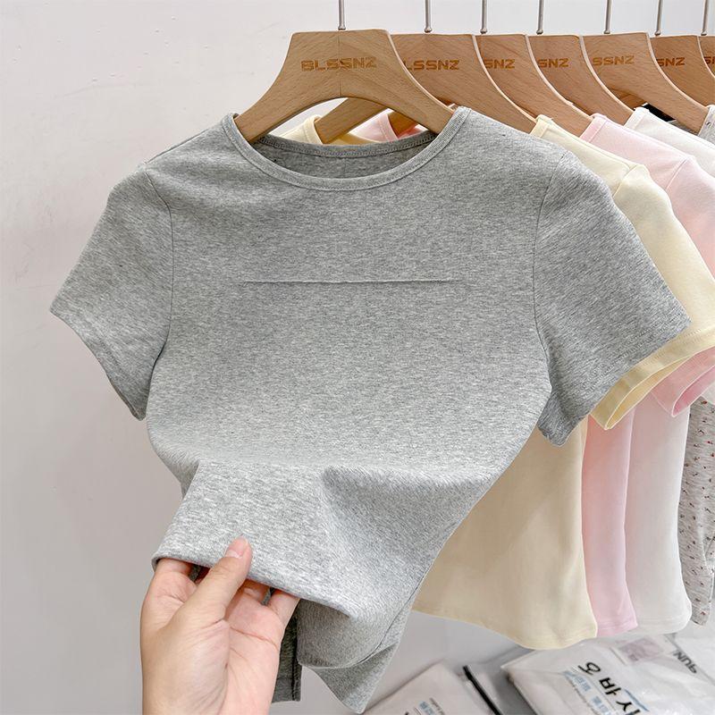 

Pink Shoulder Short sleeve T-shirt Women 2025 New High Sense Solid Slim fit Versatile Short Top Half Sleeve T-shirt Gray thin round neck S