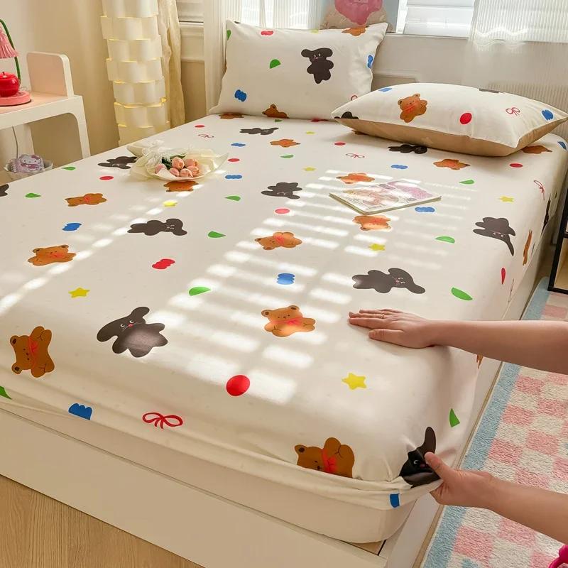 1 Pc 100%Cotton Bed Sheet Cartoon Fish Printed Fitted Sheet with Elastic Band Single/Queen/King Pure Cotton Bed Botton Sheets