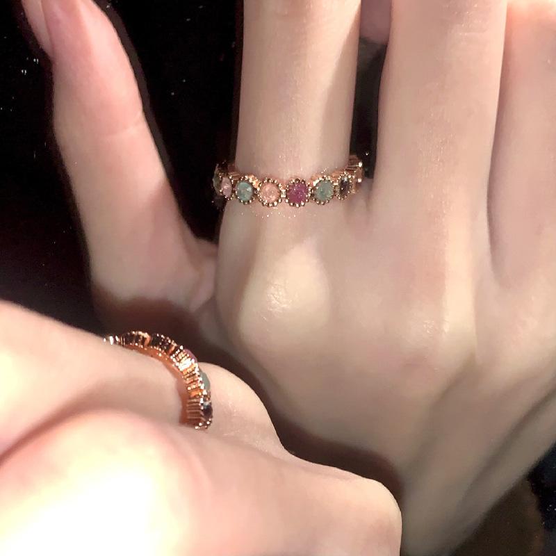 Vintage Niche Tourmaline Rainbow Ring Unique Foreign Style Senior Sense Light Temperament Open Index Finger Ring Daily Fashion Minimalist Jewelry