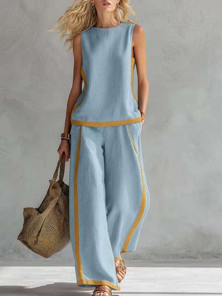2026 Mouwloze Kleurblok Wijde Pijpen Jumpsuit: Dames Zomer Casual Mode Tweedelig Set, Europese & Amerikaanse Stijl